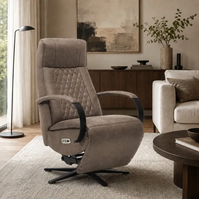 The Seats Relaxfauteuil Brent – Microleder – Sta-op stoel - Elektrisch Verstelbaar – Met accu – 2 Motoren – 360° Draaibaar - Liver