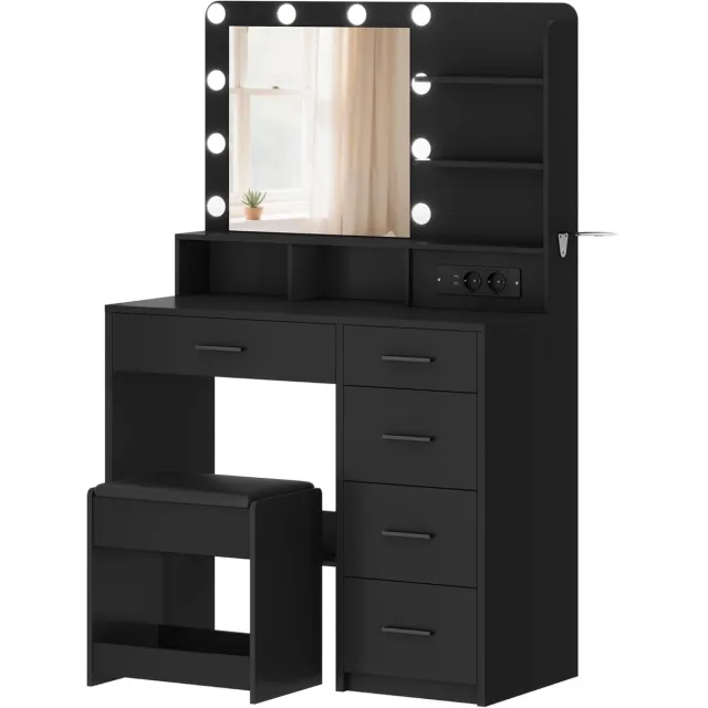 HILINSIE Kaptafel - Make up Tafel - Kaptafel met Spiegel en Verlichting - 10 LED-Bollampen - 3 Lichtkleuren - Stopcontact - Grote Spiegel - Inclusief Krukje en Föhnhouder - Zwart - 40 × 90 × 139 cm - Meerdere Lades