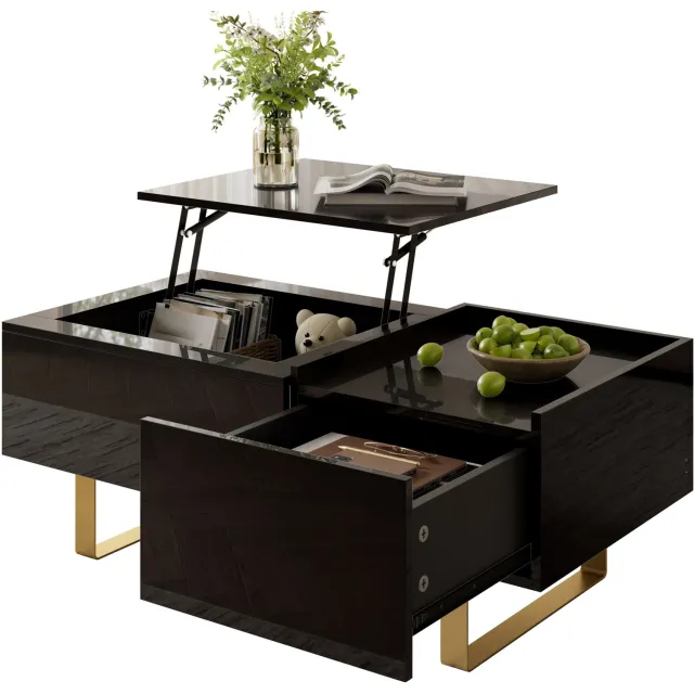 Clruro Salontafel - 100×50×54,5 cm - Hefblad en Lade - Hoogglans - MDF/Metaal - Zwart/Goud