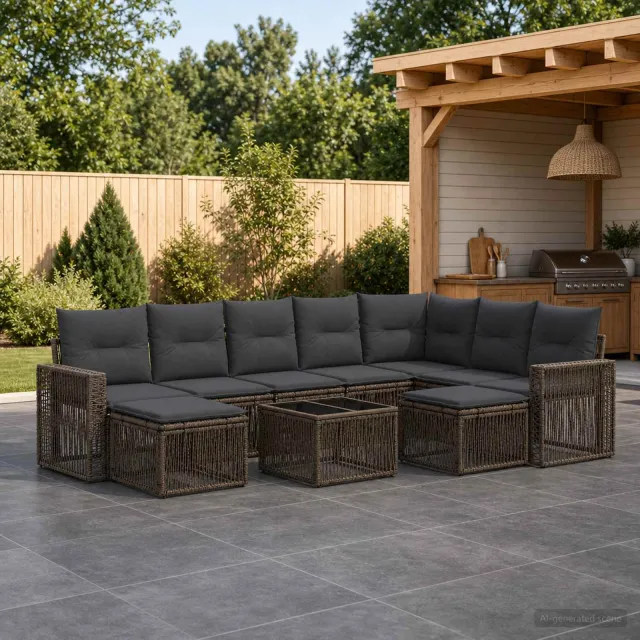vidaXL Tuinbankenset 10 st 9-zits Grijs en Donkergrijs poly rattan, foto 2