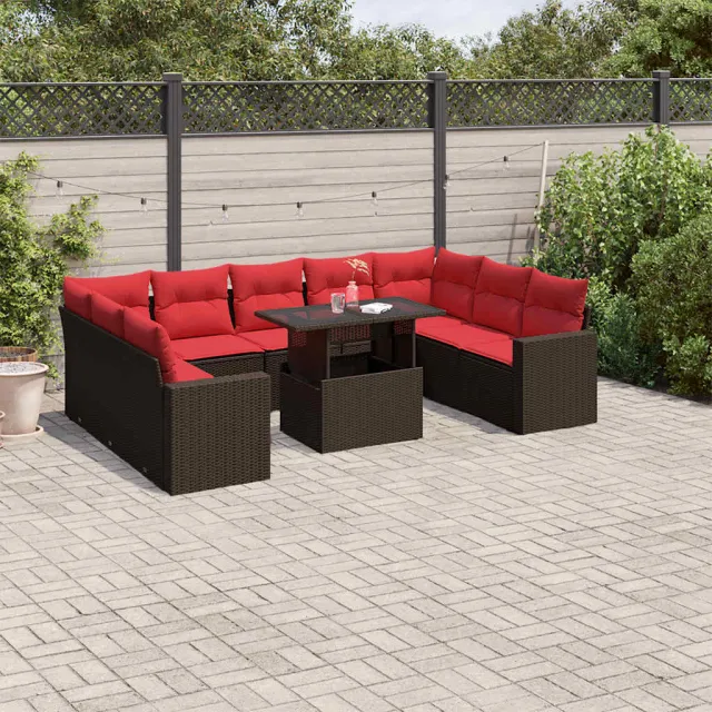 vidaXL 10-delige tuinbankset met kussens, bruin polyrotan