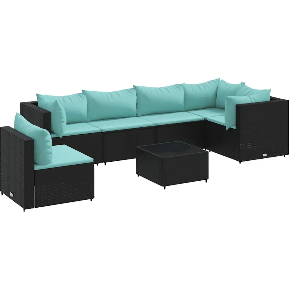 vidaXL 7-delige Loungeset met kussens poly rattan zwart, foto 3