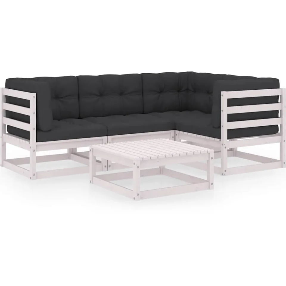 vidaXL 5-delige Loungeset met kussens massief grenenhout wit, foto 3