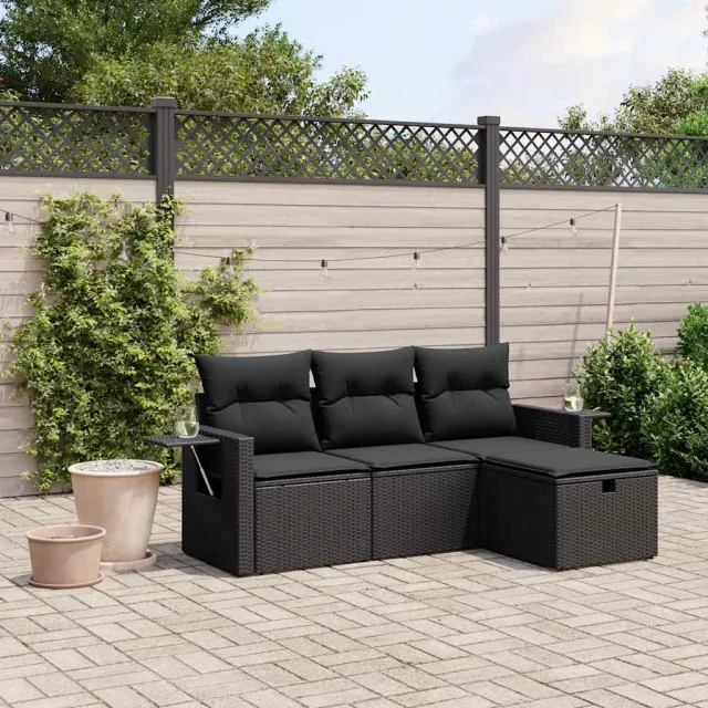vidaXL 4-delige Loungeset met kussens poly rattan zwart, foto 2