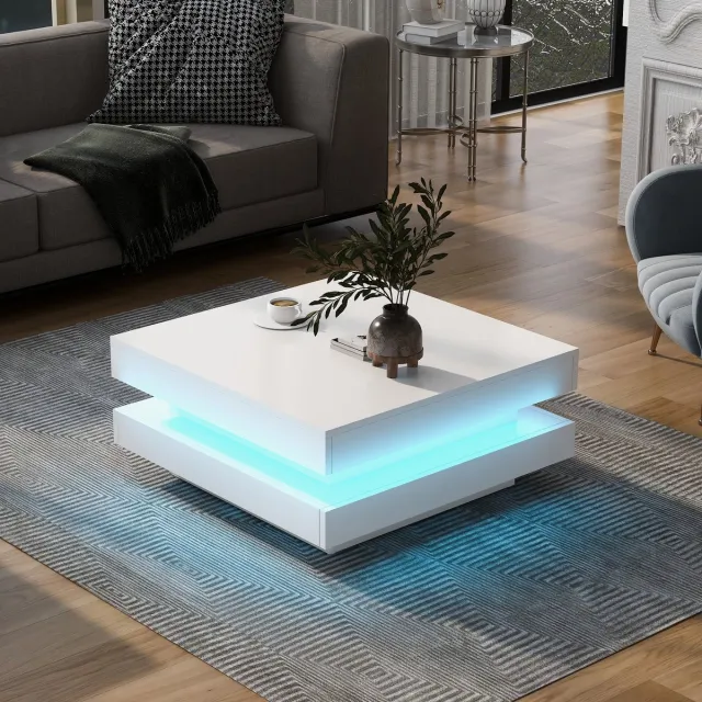 DESMIU Salontafel – Vierkant Hoogglans Ontwerp Met Led Verlichting En Bluetooth App – Voor Moderne Woonkamer – Wit Spaanplaat – 70x70x36 Cm