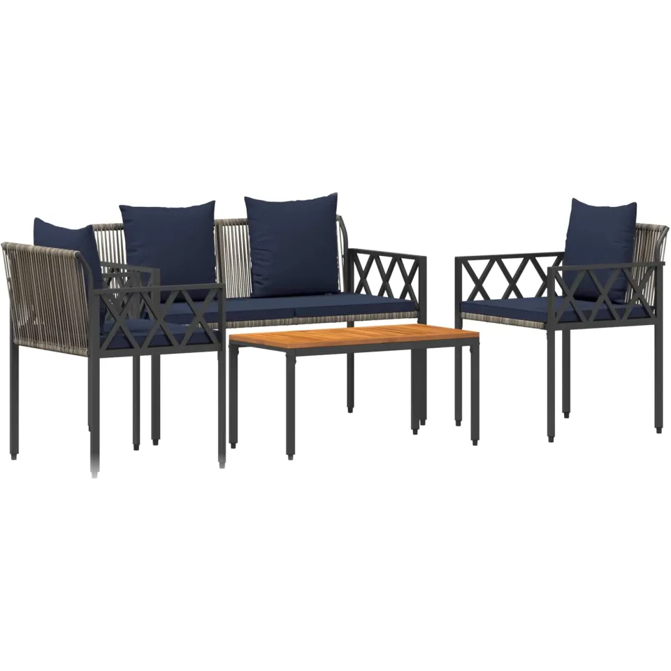 vidaXL tuinmeubelset 4 st Grijs en Marineblauw poly rattan