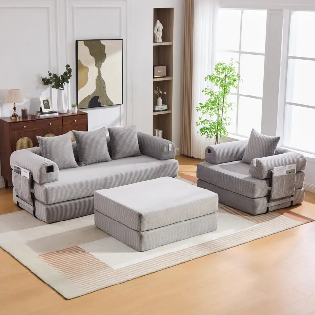 MIVRAY Hoekbank 200 x 94 x 67 cm - Modulair Met Hocker En Opbergtas - Voor Woonkamer En Appartement - Cord Lichtgrijs