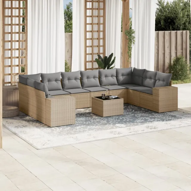 vidaXL 11-delige Tuinset met kussens poly rattan beige, foto 2
