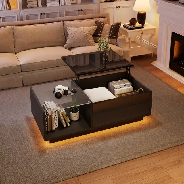 COVREO Salontafel 100x50x33-46,5 cm hoogglans zwart met LED en verstelbaar blad met opbergruimte
