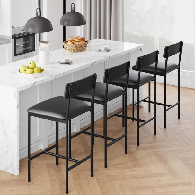 HOERFURIY Barkrukken Set van 4 - Industrieel Design met Rugleuning - Zwart PU-Leder & Metaal - Barkrukken voor Kookeiland & Bar - Comfortabele Barstoelen - 95 cm Hoog