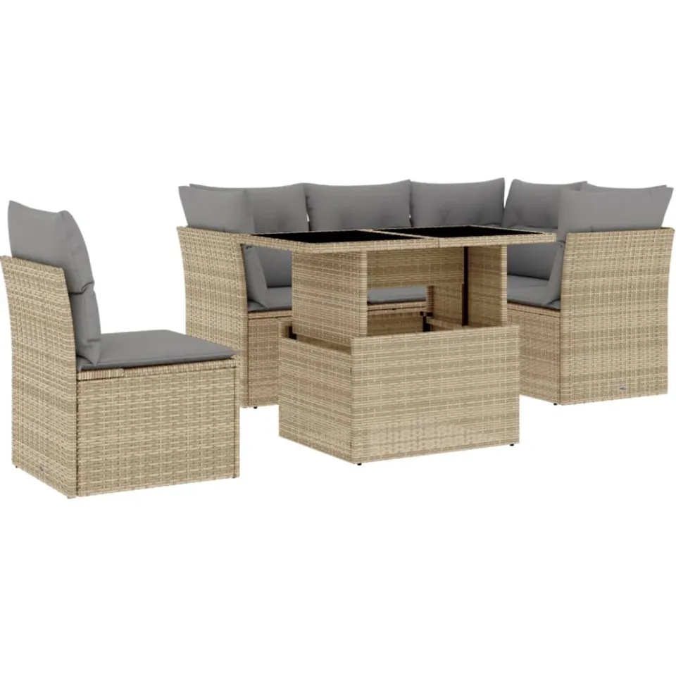 vidaXL 6-delige Loungeset met kussens poly rattan beige, foto 3