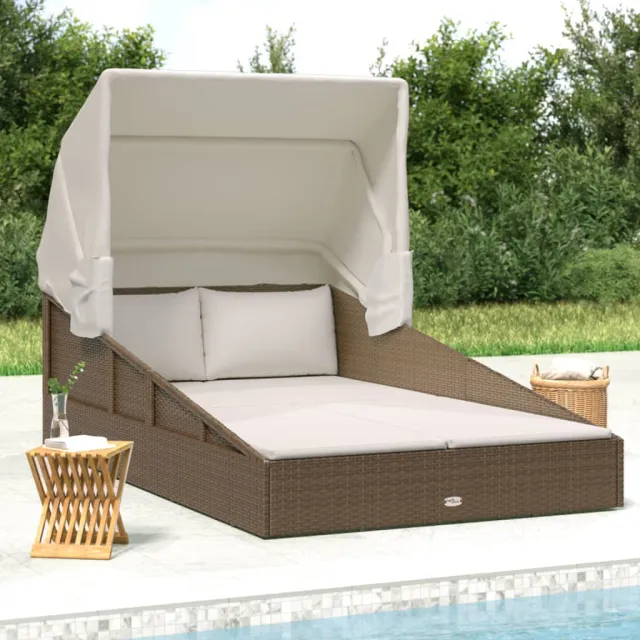 vidaXL Ligbed met inklapbaar dak 200x114x128 cm poly rattan bruin, foto 2