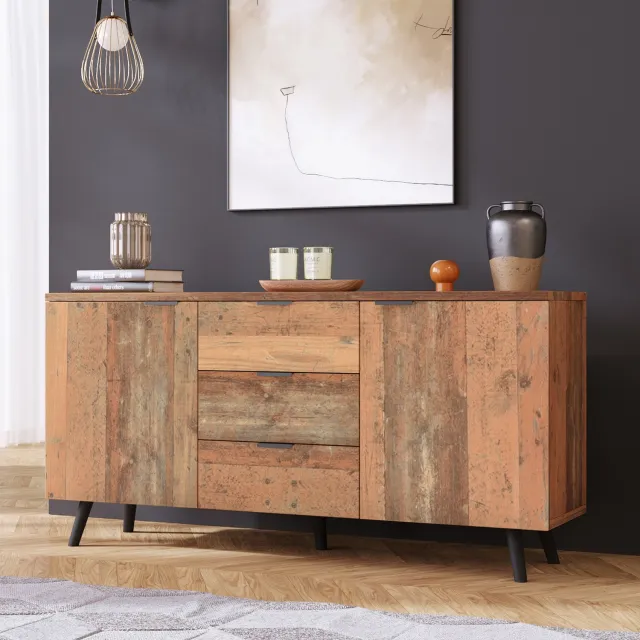 DantefHandels Bijzettafel en Opbergkast, Bruin Dressoir 140 cm, 3 laden, verstelbare legplanken, vintage stijl, voor woonkamer, eetkamer en slaapkamer, bijzettafel en opbergkast