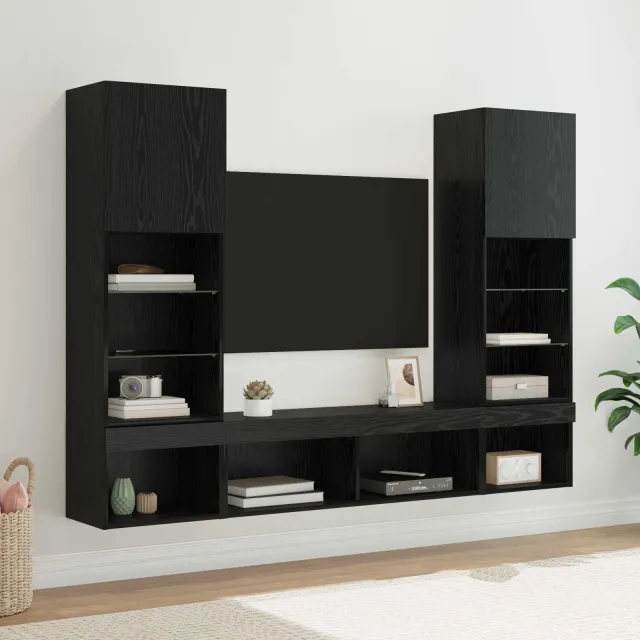 vidaXL TV Wand Eenheden met LED 5 st 40,5 x 30 x 102 cm Zwart Eiken, foto 2