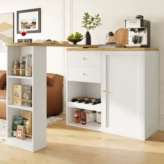 Maisentiel Draaibare bartafel met lades en opbergruimte - MDF - wit Wit, lichtgrijs en houtkleurig