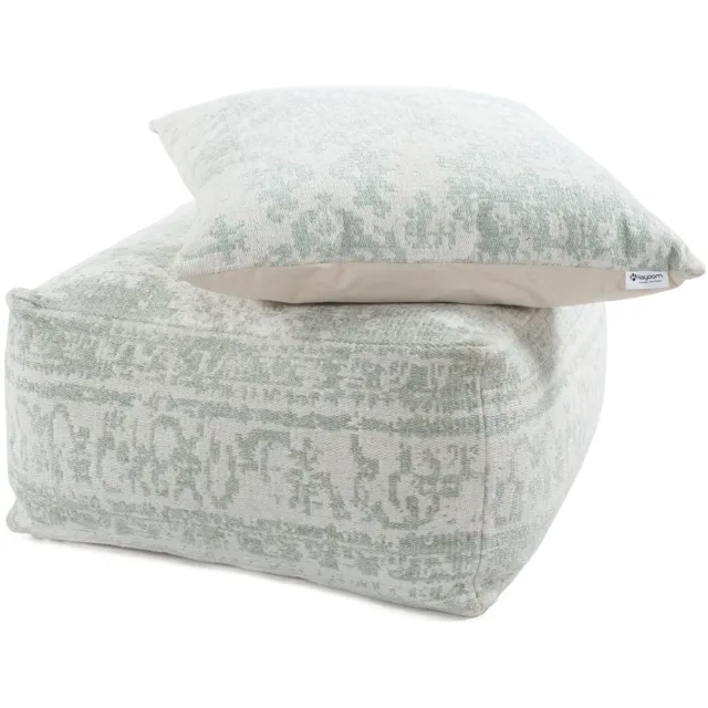 Padiro poef met zitkussen 80 x 80 x 40 cm - ivoor en mintgroen - stoffen bekleding - handgemaakt met vintagepatroon