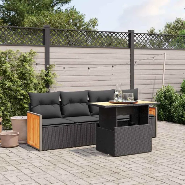 vidaXL 5-delige Loungeset met kussens poly rattan zwart, foto 2