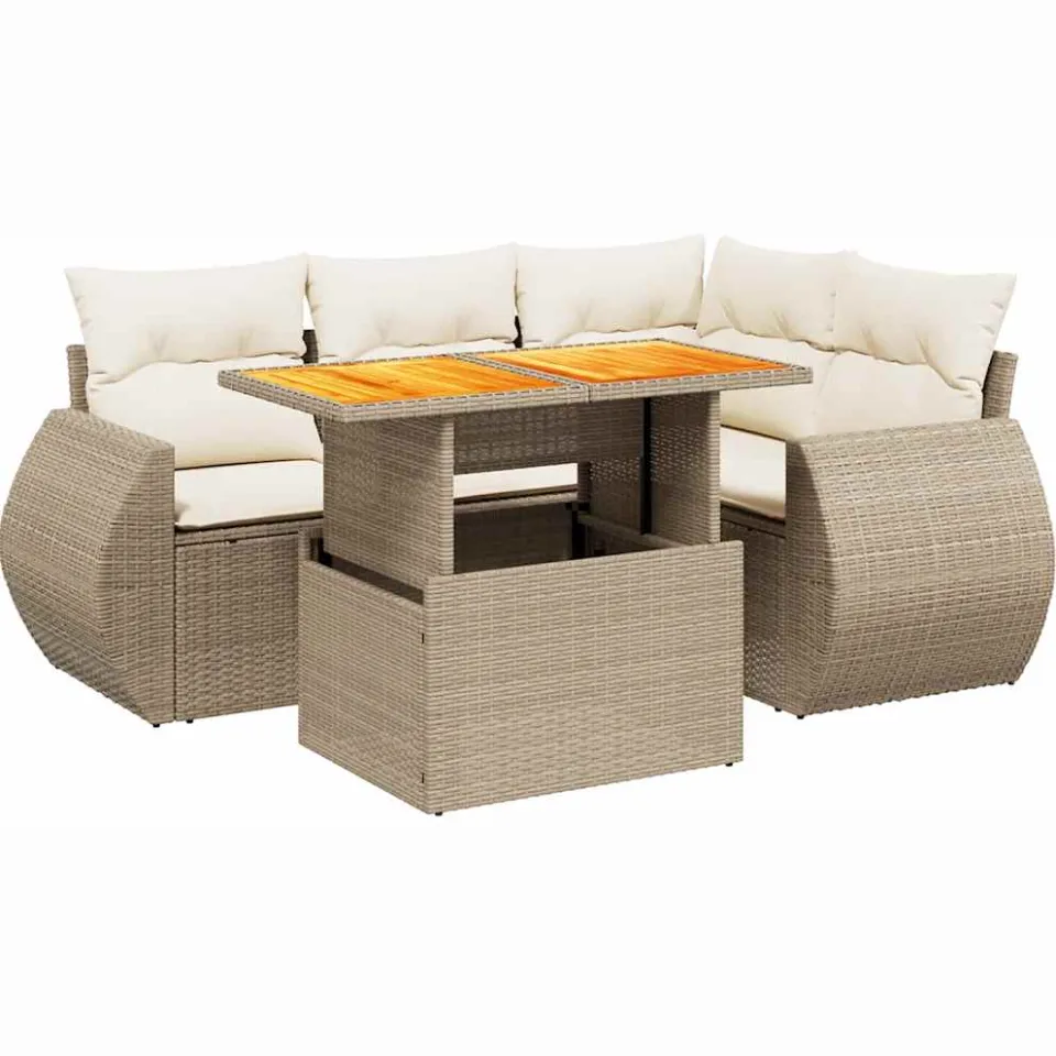 vidaXL 5-delige Loungeset met kussens poly rattan beige, foto 3