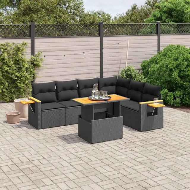 vidaXL 7-delige Loungeset met kussens poly rattan zwart, foto 2