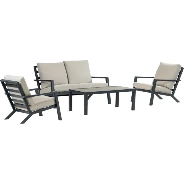 4 Seizoenen Tuinmeubelen Stoel-bank loungeset Bezano | 4-delig | 4 personen | Off White/Matt Black | Aluminium Matt Black, Grey, Off White