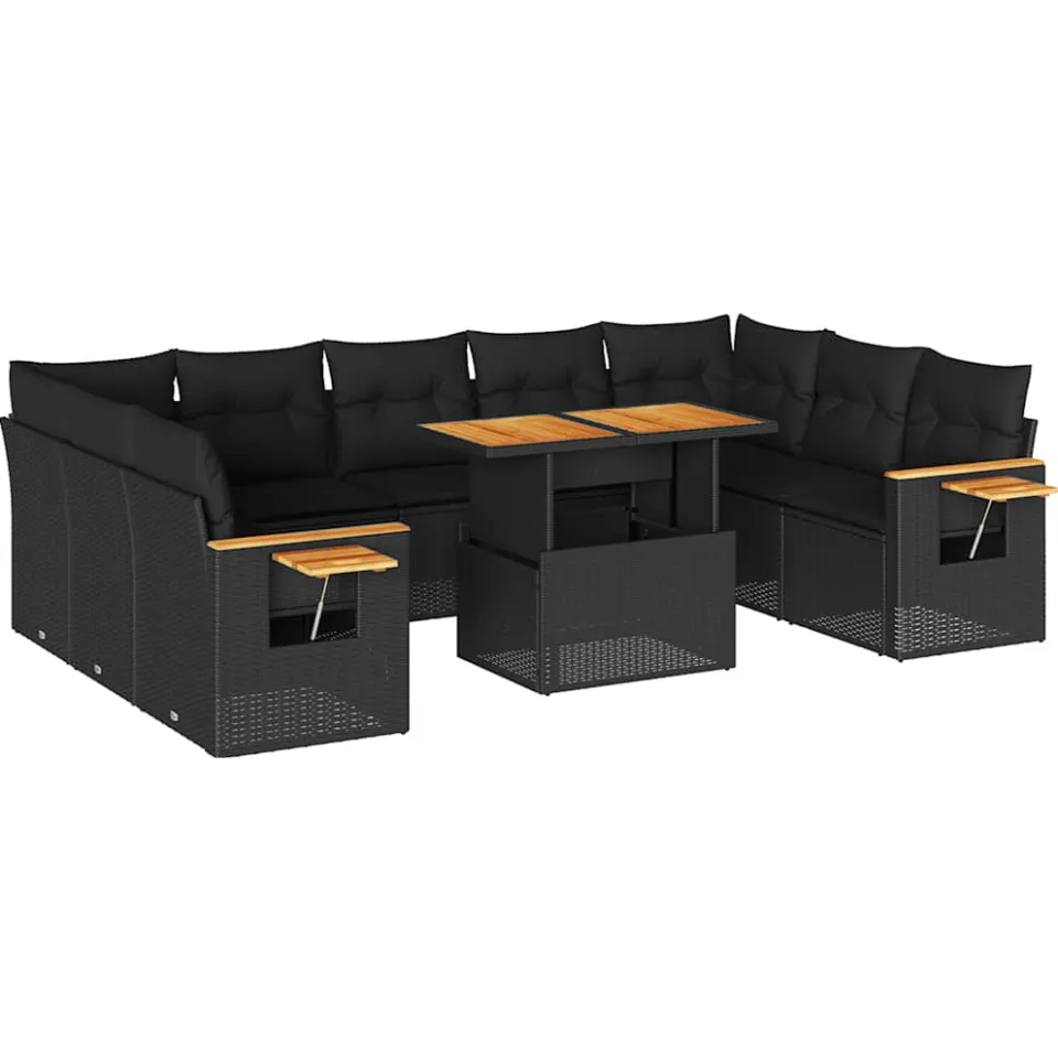 vidaXL 10-delige Loungeset met kussens poly rattan acacia zwart, foto 3