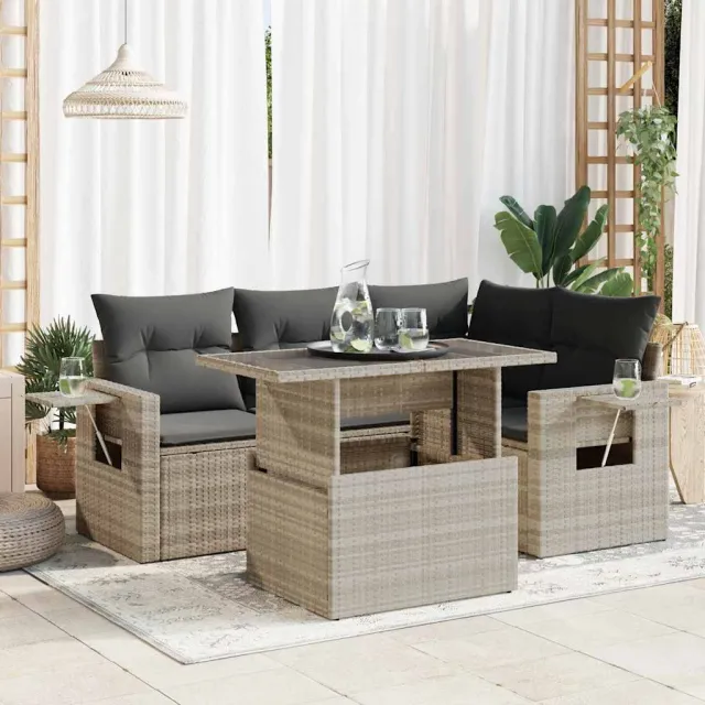 vidaXL 5-delige Loungeset met kussens poly rattan lichtgrijs grijs, foto 2