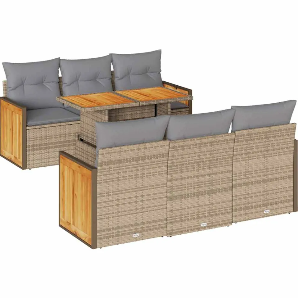 vidaXL 7-delige Loungeset met kussens poly rattan acacia beige, foto 3