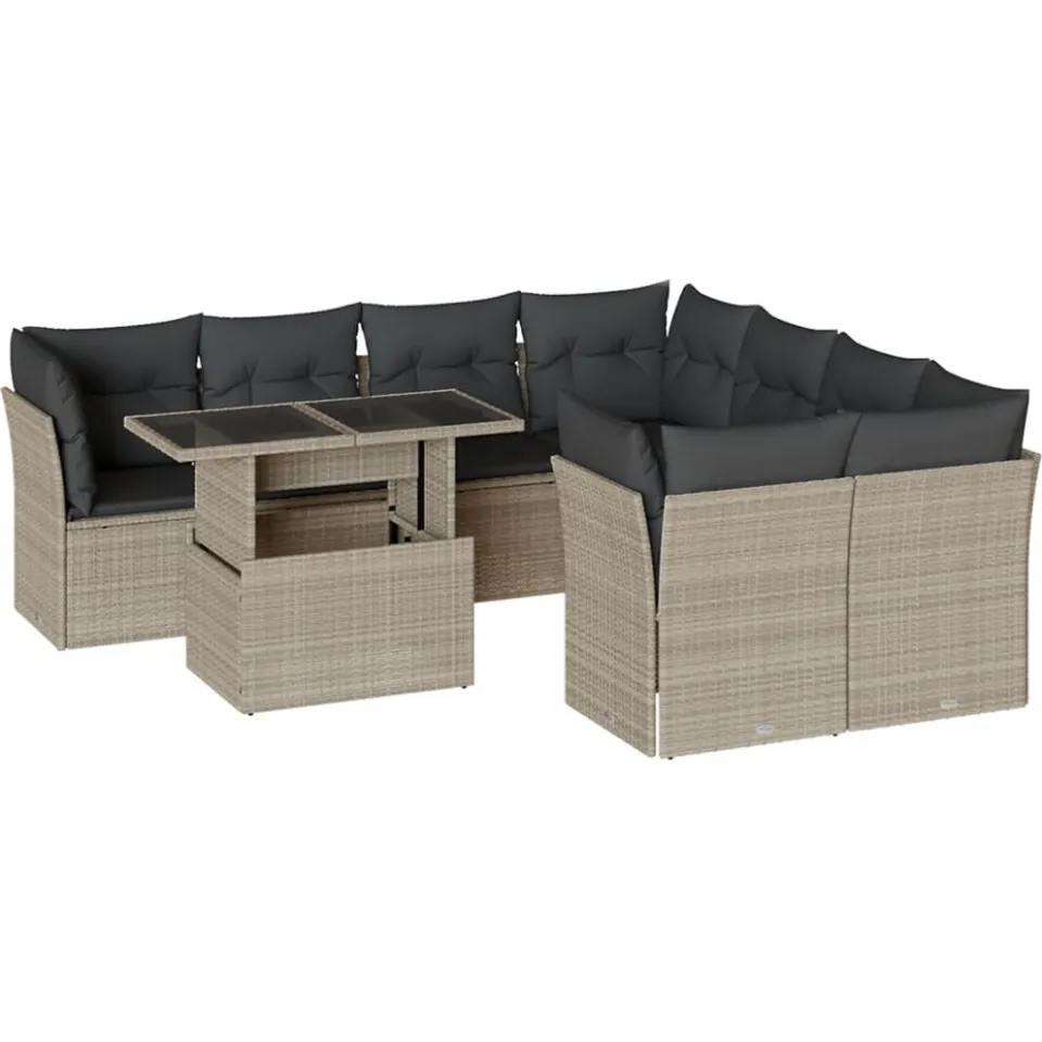 vidaXL 9-delige Loungeset met kussens poly rattan lichtgrijs grijs, foto 3