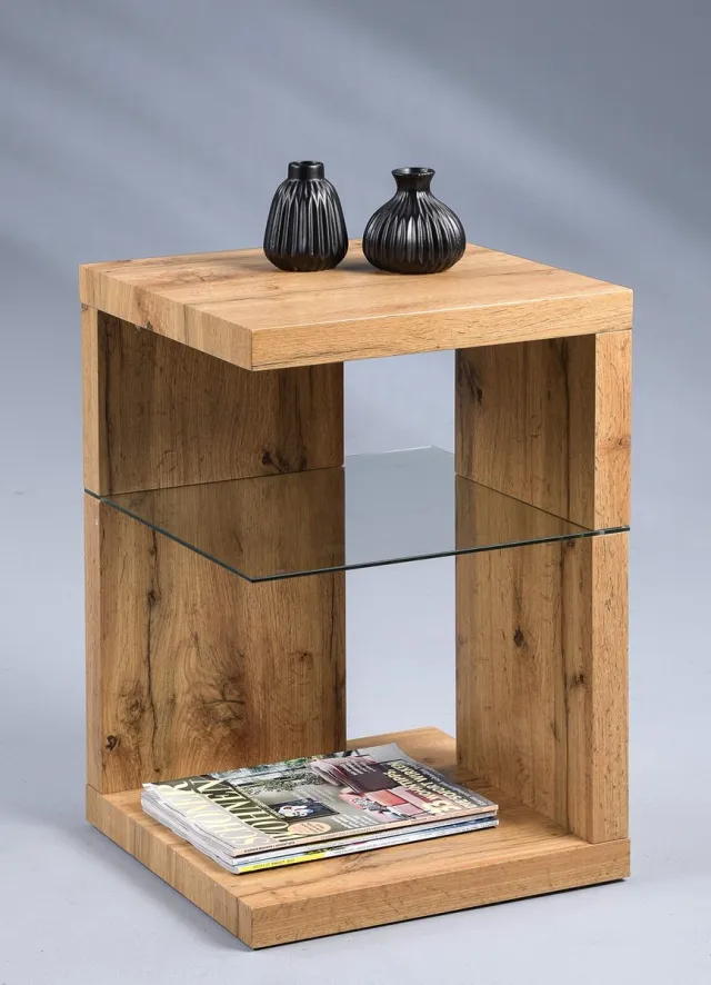 Unyqoos Moderne bijzettafel met eikenlook en glas voor veelzijdig gebruik Bruin