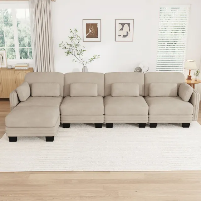 MIVRAY Hoekbank 330 x 143 x 88 cm - Modulaire L-Vorm met Voetenbank en Verplaatsbare Kussens - Voor Woonkamer - Chenille - Licht Koffiebruin