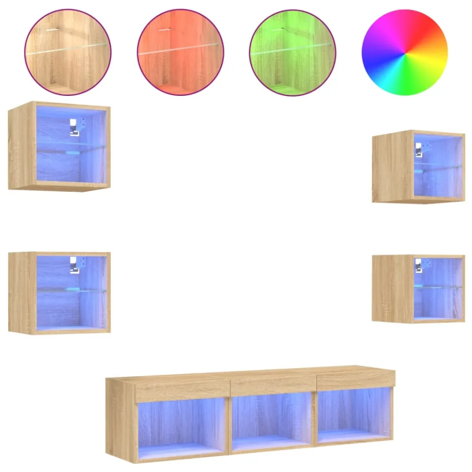 vidaXL 7-delige Tv-wandmeubelset met LED bewerkt hout sonoma eiken Bruin