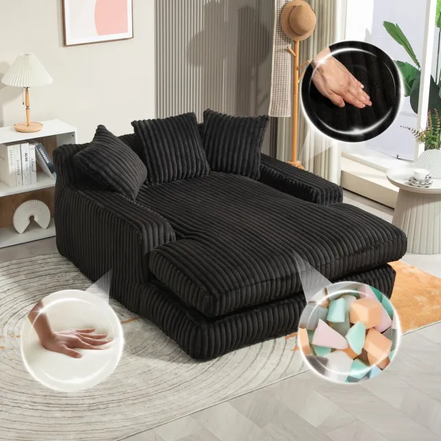 COVREO Chaise longue 125x155x63 cm - zwarte ribstof, 3 kussens, geen montage