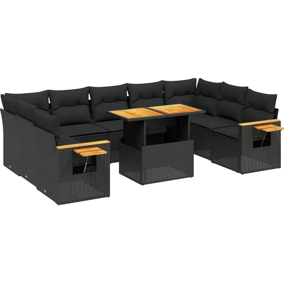 vidaXL 10-delige Loungeset met kussens poly rattan zwart, foto 3