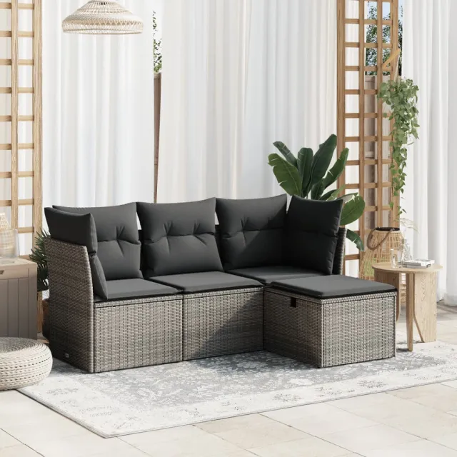 vidaXL 4-delige Loungeset met kussens poly rattan grijs, foto 2