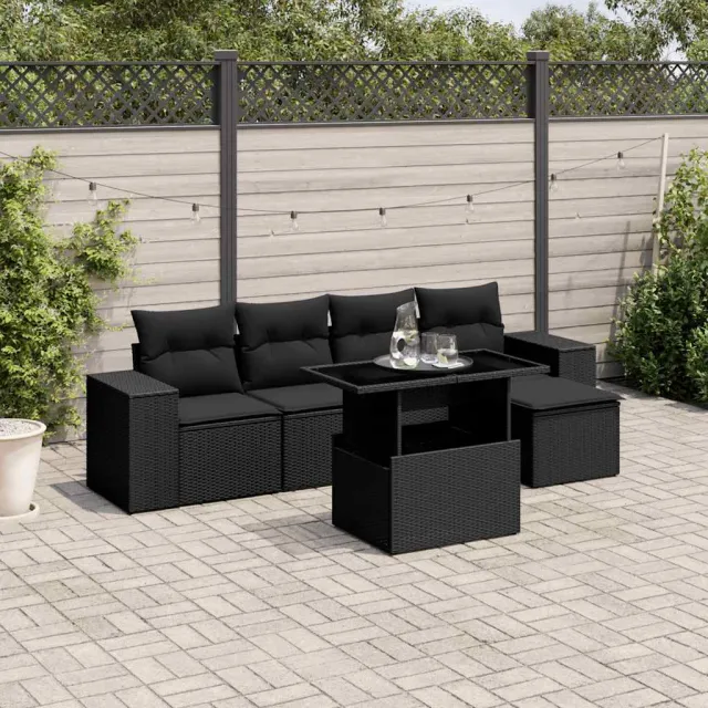 vidaXL 6-delige Loungeset met kussens poly rattan zwart, foto 2