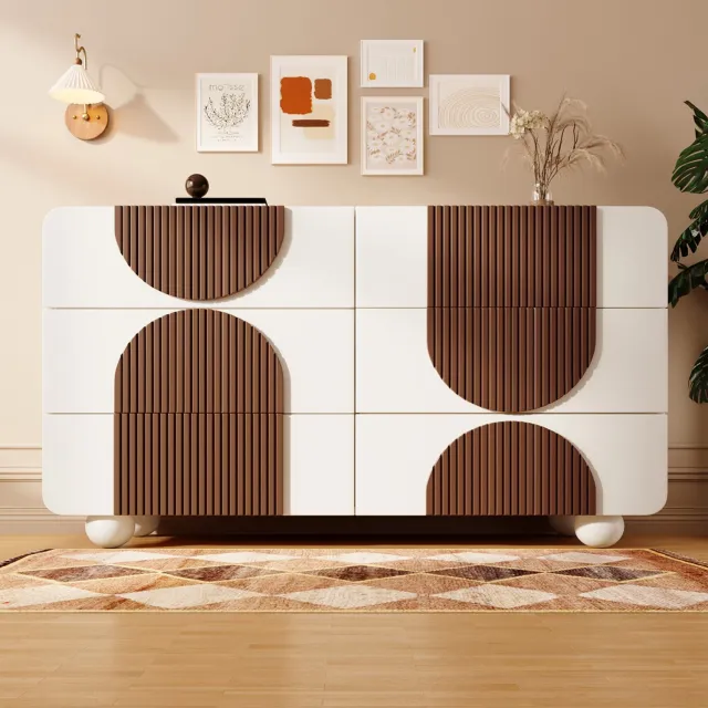 Maisentiel Ladekast met 6 lades - wit met bruine houten latten - 121 x 41 x 71 cm Wit met donkerbruine accenten