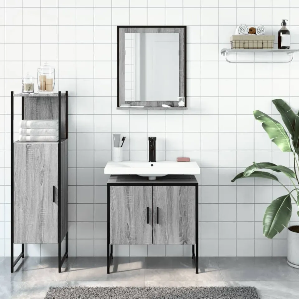 vidaXL 3-delige Badkamermeubelset bewerkt hout grijs sonoma eikenkleur, foto 2