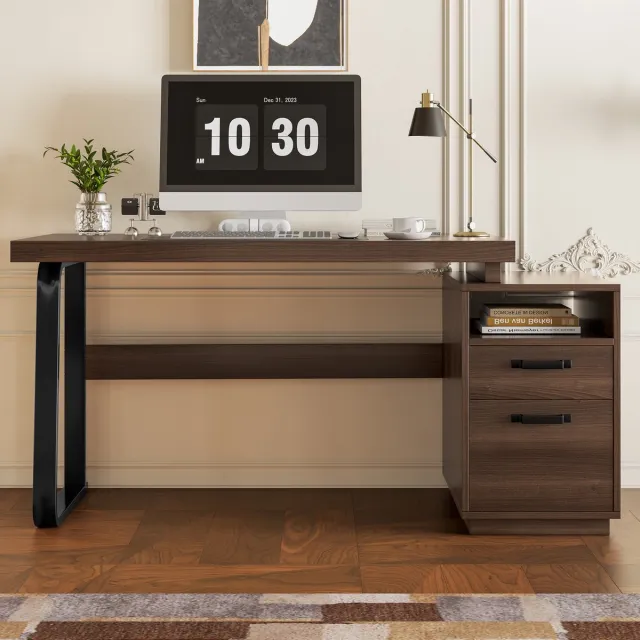 MODFU Bureau - Open Opbergvak En Lade - Eenvoudig Ontwerp - Voor Kantoor Of Werkkamer - MDF En Metaal - Bruin - 135 x 54 cm