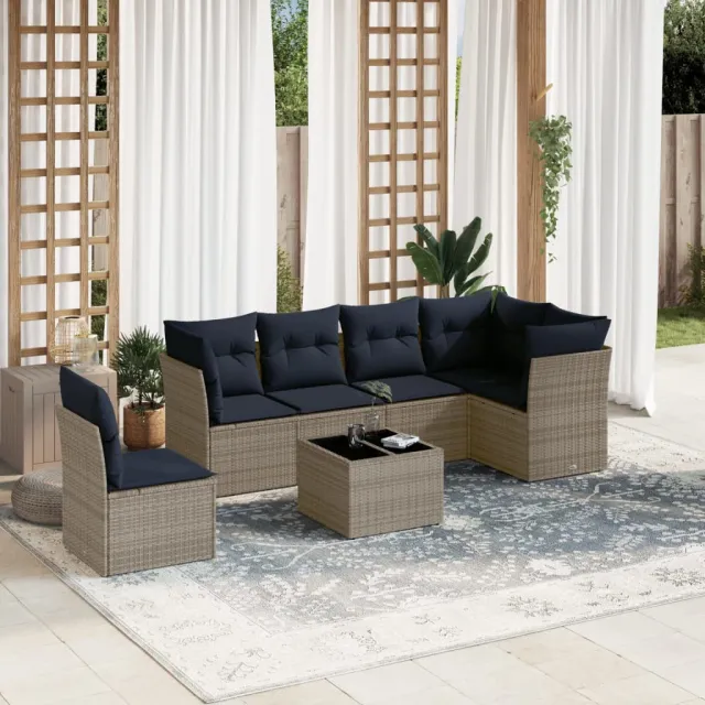 vidaXL 7-delige Loungeset met kussens poly rattan grijs, foto 2