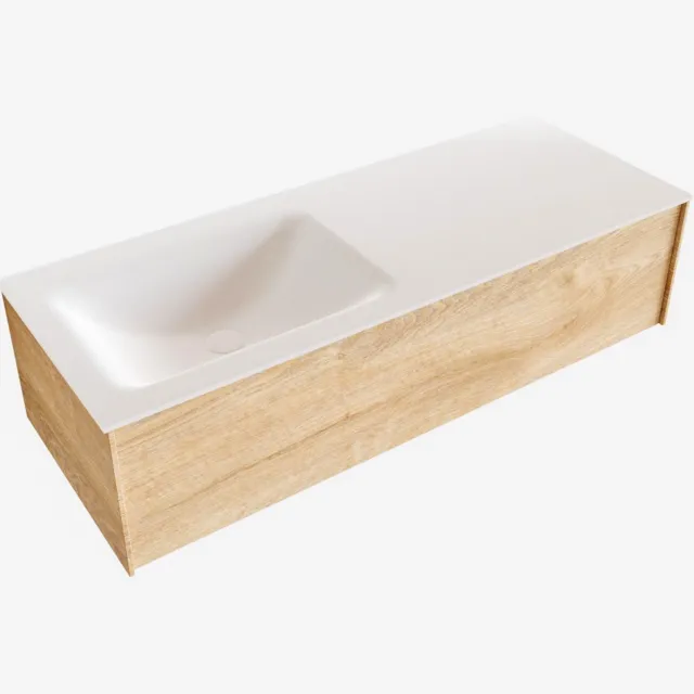 Boss & Wessing Badkamermeubel BWS Madrid Washed Oak 120x45x30 cm Mat Witte Solid Surface Wastafel Links (0 kraangaten)