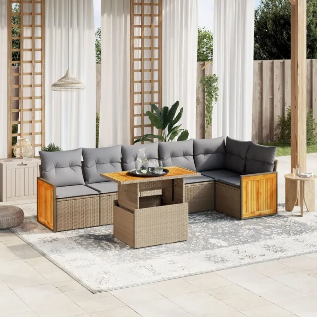 vidaXL 7-delige Loungeset met kussens poly rattan beige, foto 2