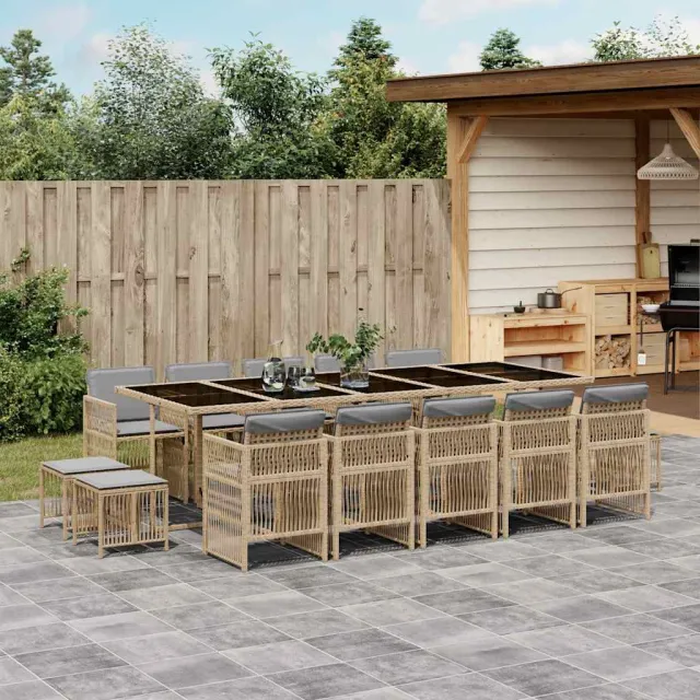 vidaXL 15-delige Tuinset met kussens poly rattan gemengd beige, foto 2