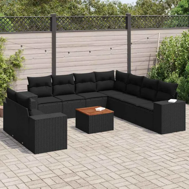 vidaXL 10-delige Loungeset met kussens poly rattan zwart, foto 2