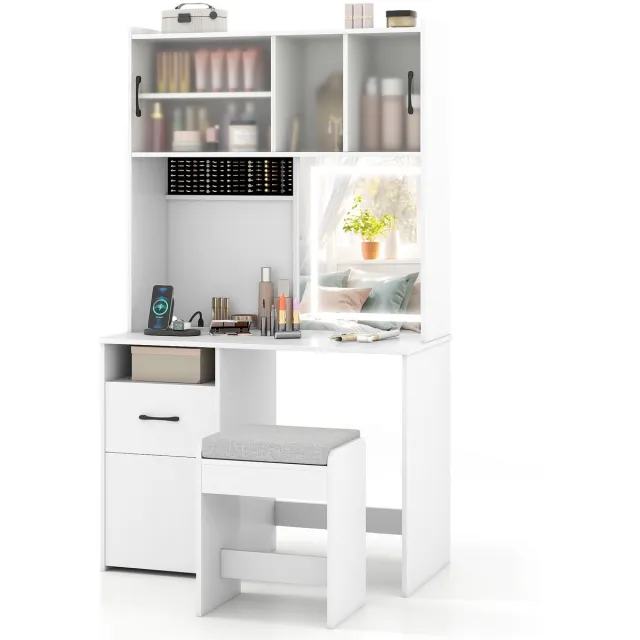 Costway Grote make-uptafelset met led-spiegel en kruk, kaptafel met stopcontacten, 3 deuren, lade, sieradenopslag en kasten, cosmeticatafel, wit, voor slaapkamer, 100 x 50 x 170 cm
