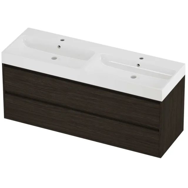 Proline Podium Badmeubelset Polystone Loft 2 Gaten 140x46x62 cm Glans Wit Mokka Oak Eiken