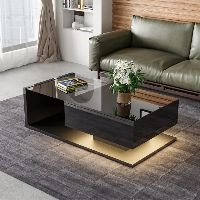 MIVRAY Salontafel - Hoogglans Met Glazen Blad En Ledverlichting - Voor Woonkamer - Spaanplaat Zwart - 105x55x32,5 Cm