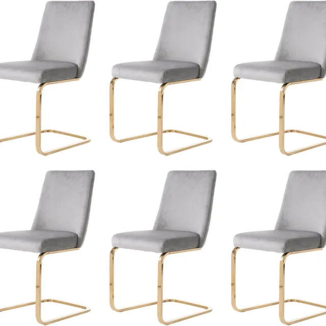 Merax Fluwelen eetkamerstoel - set van 6 - woonkamer - slaapkamer - loungestoel - diamanten rugmotief met goudkleurige metalen steunpoten - grijs