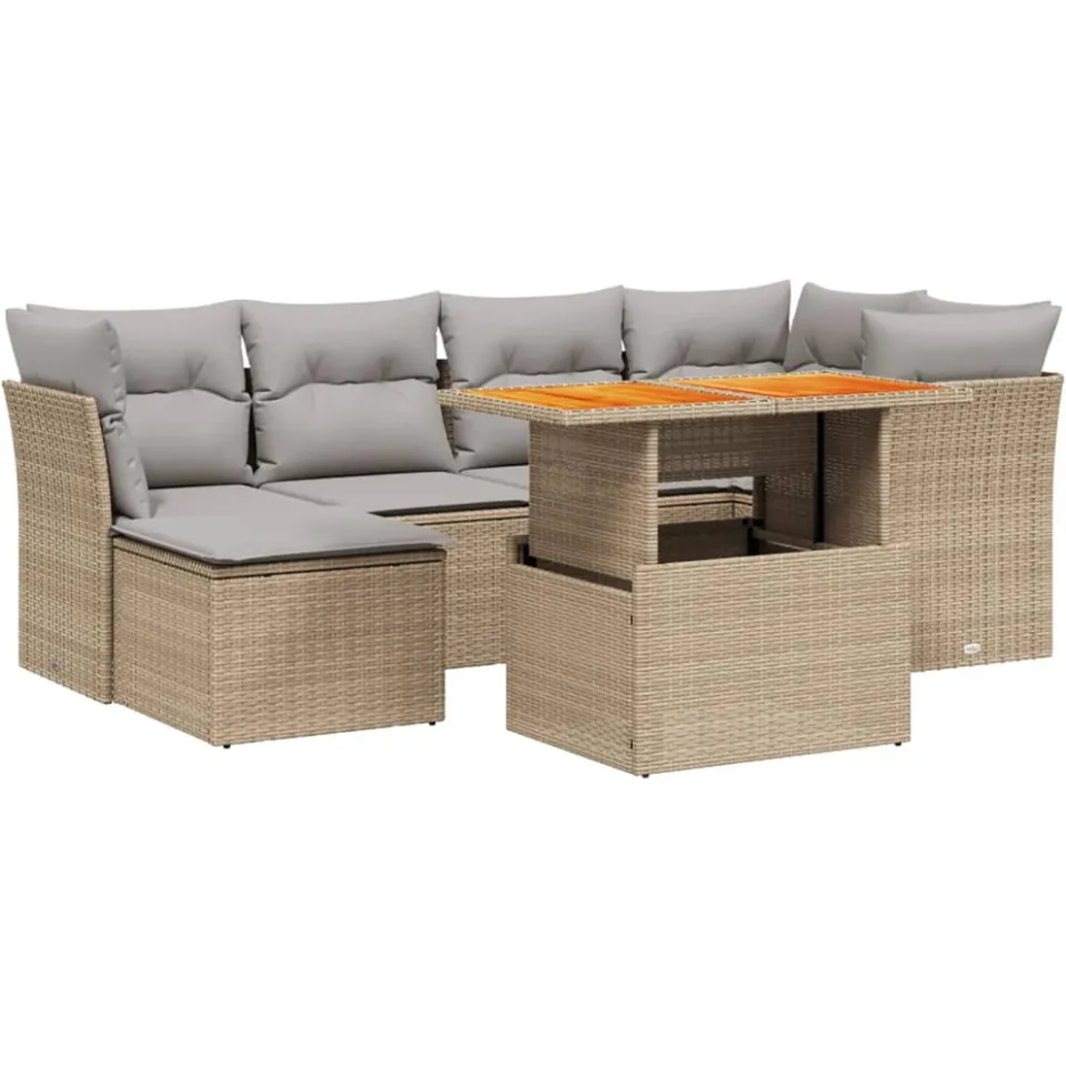 vidaXL 7-delige Loungeset met kussens poly rattan beige