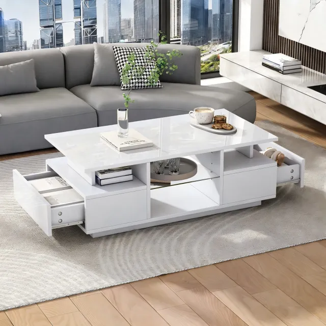 Maisentiel Salontafel 100 x 50 x 36 cm met LED, 2 lades, hoogglans spaanplaat, wit