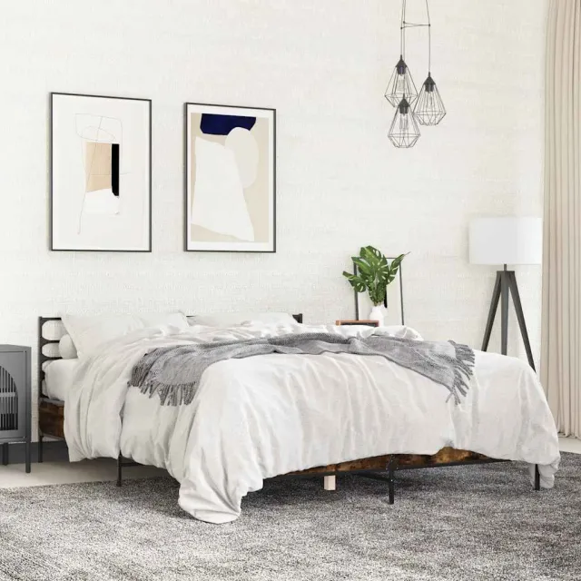 vidaXL Bedframe bewerkt hout metaal gerookt eikenkleurig 150x200 cm Bruin